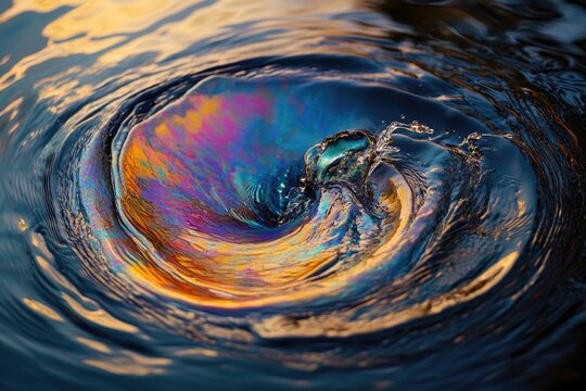 A mesmerizing vortex of water, swirled with oil sheen, captures the fluid dynamics and colorful iridescence in a dynamic scene.