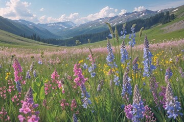Obraz premium Lush Floral Meadow with Colorful Wildflowers in a Serene Landscape