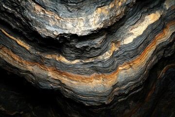 Striking layered rock formations with contrasting colors of black, grey, beige, and brown, showcasing geological texture and depth under natural lighting conditions.