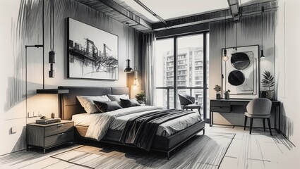 Bedroom interior sketch. Gray bed with pillows and blanket in room. Large window shows city building. Desk and chair near wall with decoration.
