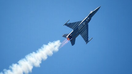 A military jet airplane flying high in a vibrant blue sky