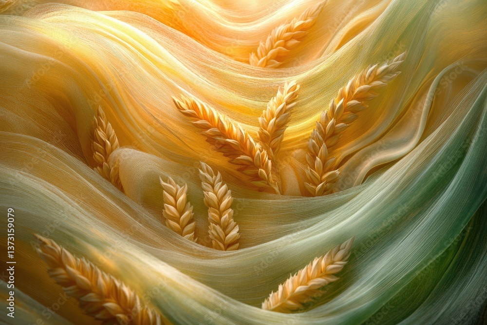 Poster Abstract depiction of golden wheat fields with a flowing, ethereal quality in shades of yellow and green.
