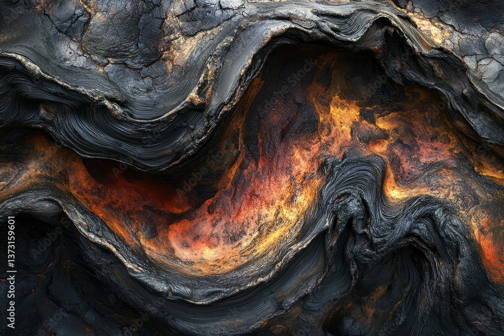 Poster Abstract image featuring flowing patterns of dark charcoal and molten gold, creating a fiery, textured landscape with depth.