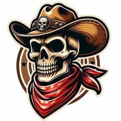 EPS10形式のベクターイラストで白い背景に描かれたカウボーイの頭蓋骨マスコットは、ロゴやポスターに最適で、西部の精神を持つブランディングにぴったりです