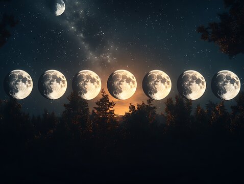 Display of the moon phases over a silhouetted forest landscape