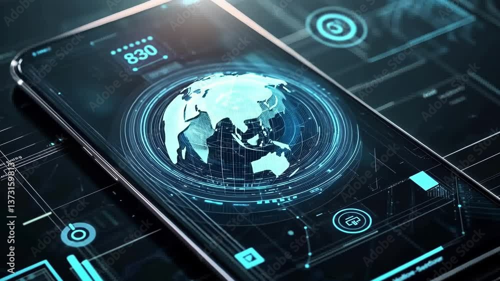 Poster futuristic user interface featuring a rotating hologram of planet earth above a smartphone. surround