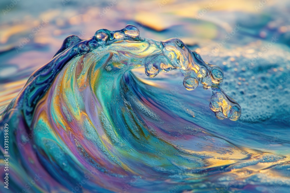 Aufkleber a captivating macro shot of a small ocean wave, illuminated in brilliant, iridescent colors, frozen 