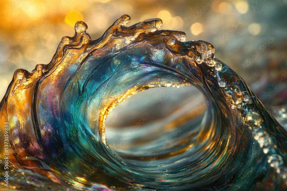 Aufkleber A mesmerizing close-up of a breaking wave with golden light and iridescent colors creating a stunning spectacle.