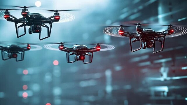 A closeup view features a trio of drones flying in formation each enveloped by radiant digital shields that emit a soft glow. Above and below them intricate lines of encrypted signals