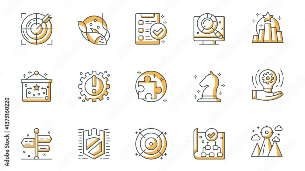 Aufkleber business strategy icons set in outline stroke design for web. pack line pictograms with target, catc