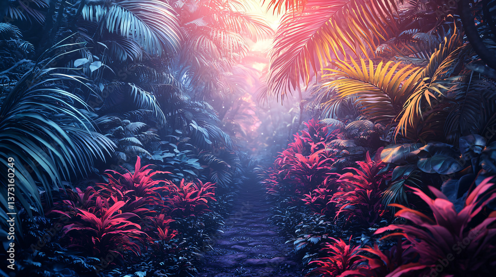 Poster a lush forest with a winding path through it inviting exploration amidst vibrant greenery and the so