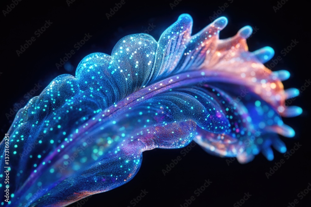 Aufkleber a mesmerizing, bioluminescent, feather-like structure with sparkling blue dots against a dark backgr