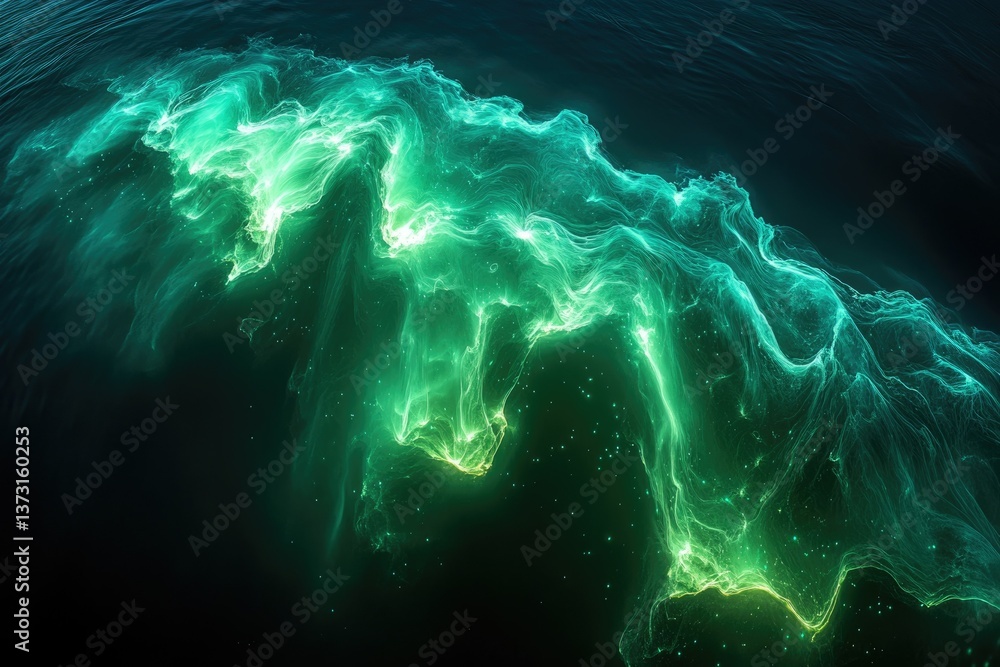 Poster An abstract display of shimmering, emerald green aurora-like waves over a dark ocean, speckled with stars.