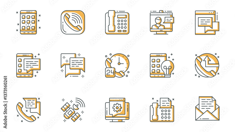 Poster communication icons set in outline stroke design for web. pack line pictograms with application, pho