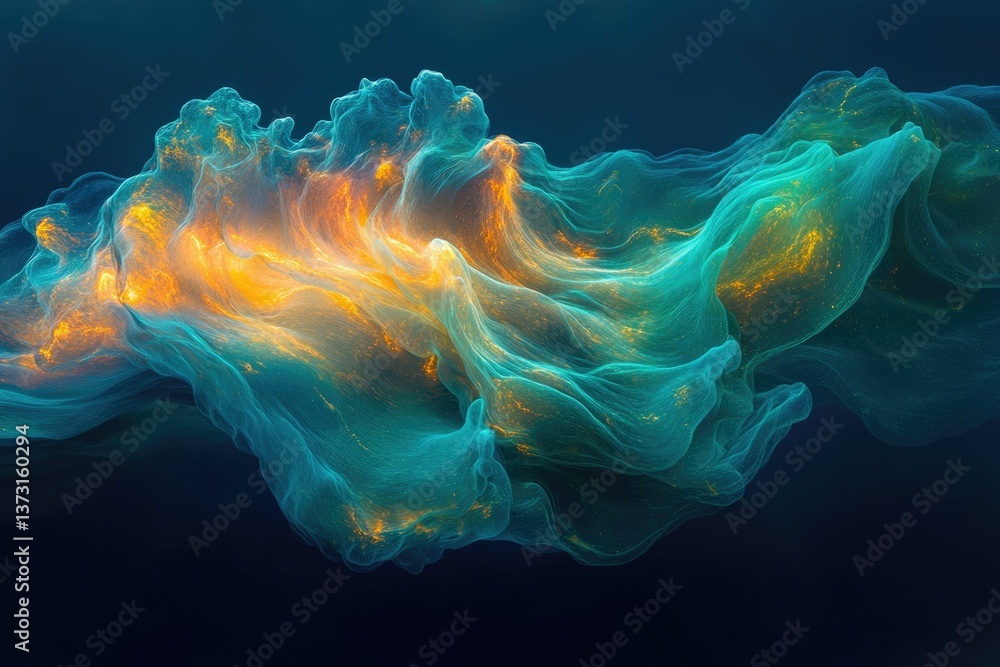Leinwandbilder Abstract image featuring swirling translucent turquoise and gold formations on a deep blue background, creating a dynamic visual effect.