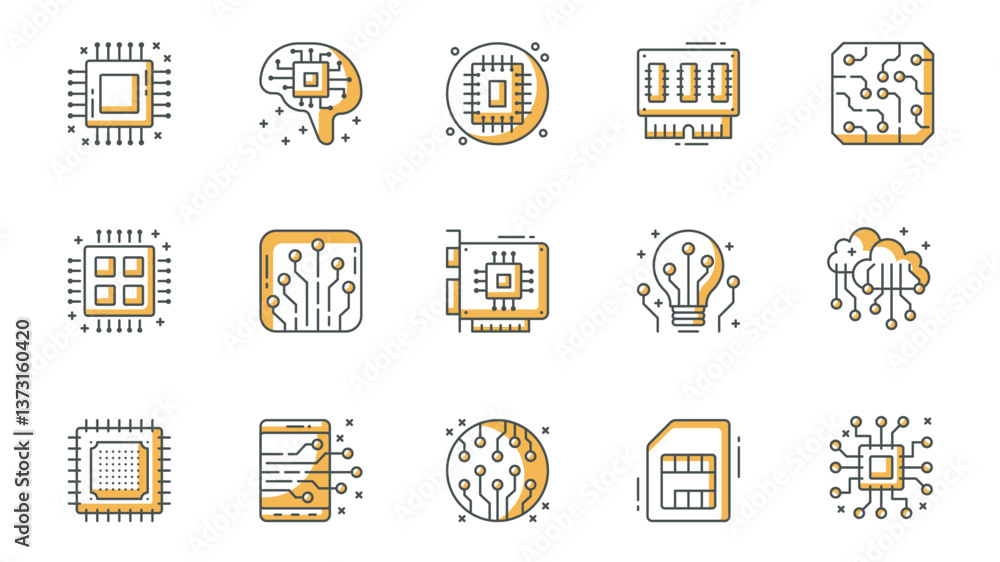 Fototapete Electronics icons set in outline stroke design for web. Pack line pictograms with circuit, microchip, brain, machine learning, mother board, computer technology, sim card, other. Vector illustration.