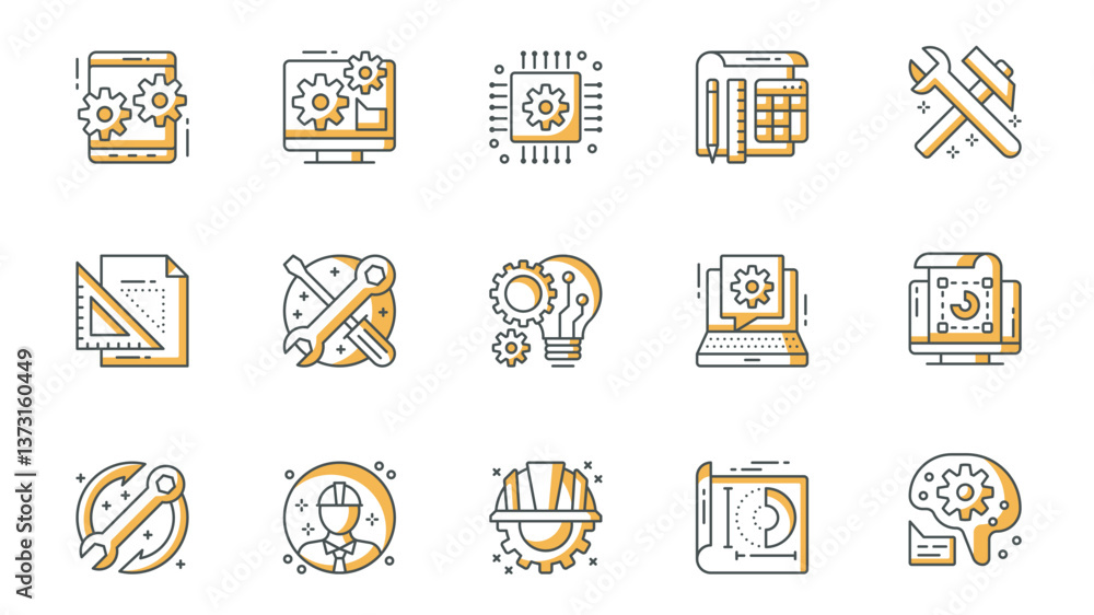 Leinwandbilder Engineering icons set in outline stroke design for web. Pack line pictograms with application settings, optimization, computer, circuit board, microchip, tools, blueprint, other. Vector illustration.