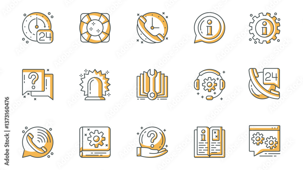 Poster help and support icons set in outline stroke design for web. pack line pictograms with clock, lifebu