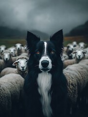 A striking black and white dog stands among a flock of sheep