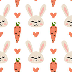 Pattern featuring cute rabbits, carrots, and hearts in playful design on a white background