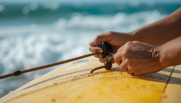 Hands securing a surfboard leash on a sunny beach   - Powered by Adobe