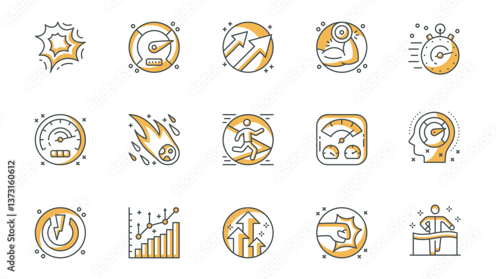 Aufkleber performance icons set in outline stroke design for web. pack line pictograms with exploding, speedom