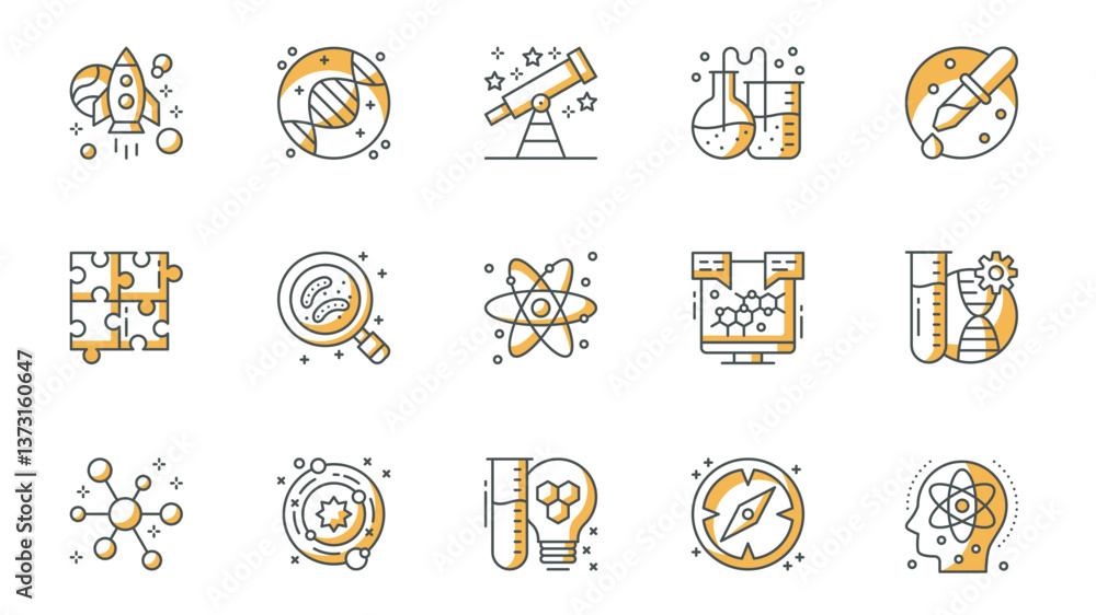 Poster Science icons set in outline stroke design for web. Pack line pictograms with space rocket, astronomy, genetic research, telescope, chemical test, microbiology, physics, other. Vector illustration.