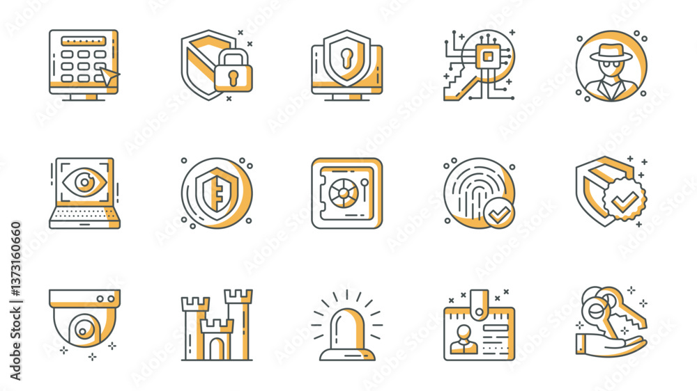 Aufkleber security icons set in outline stroke design for web. pack line pictograms with password, shield, pad