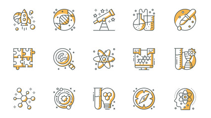 Science icons set in outline stroke design for web. Pack line pictograms with space rocket, astronomy, genetic research, telescope, chemical test, microbiology, physics, other. Vector illustration.