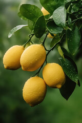 Lemons growing on a tree, green background