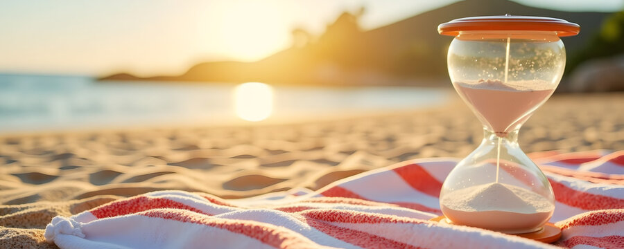 Hourglass measuring time on sandy beach during sunset - Powered by Adobe