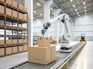 Naklejka premium Automated warehouse robotic arm conveyor belt system for packaging and distribution efficiency design