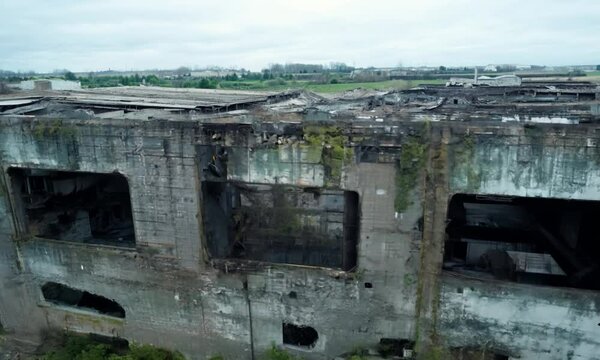 Ruins of an old factory. Old industrial building for demolition. Aerial view
