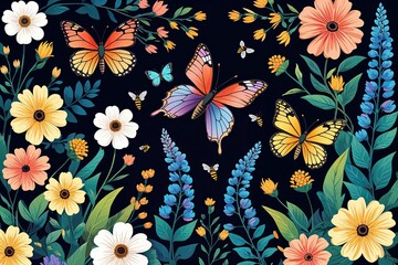 Vibrant Floral Vector Art Featuring Butterflies and Bees Perfect for Spring and Summer Celebrations