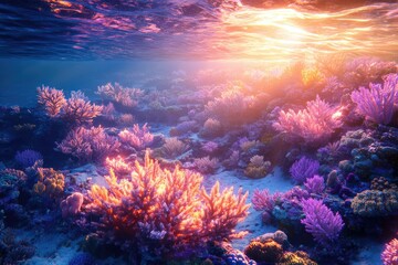 Fototapeta premium Vibrant underwater coral reef teeming with life, bathed in the warm, ethereal glow of the sun shining through the ocean surface.