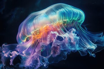 Fototapeta premium A luminous and ethereal jellyfish gracefully glides through the deep, its vibrant colors painting a mesmerizing underwater ballet.