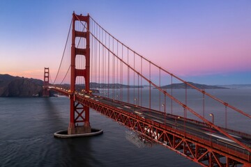 Golden Gate Bridge at dusk in San Francisco, California, USA. Cars travel across the bridge, connecting the city to Marin County. The bridge is a landmark.