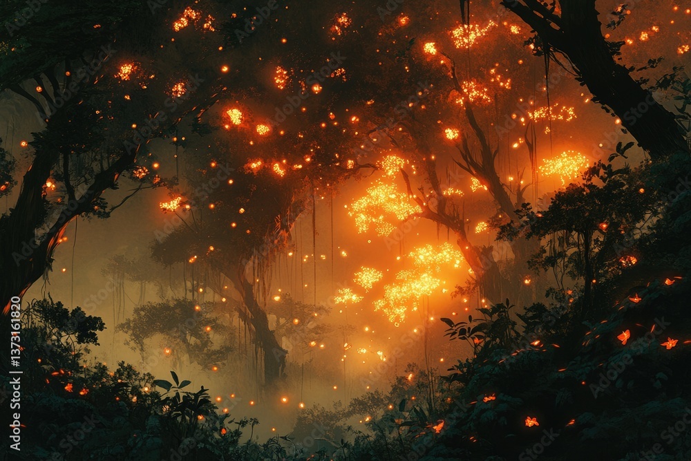 Poster mystical forest scene with glowing lights illuminating the trees in an enchanting, dreamlike and war