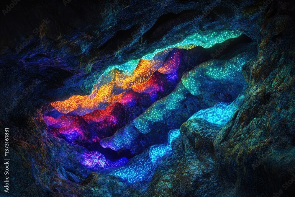 Aufkleber a mesmerizing view into a dark cave with colorful, illuminated rock formations in layered, vibrant h