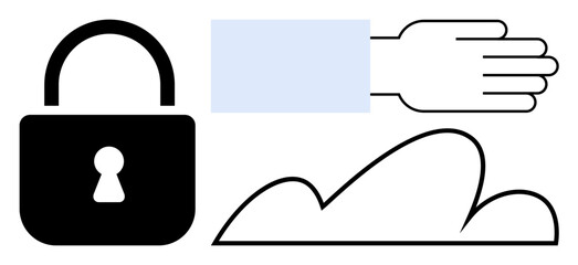Lock symbol with keyhole, outstretched hand with blue sleeve, and cloud shape. Ideal for cybersecurity, access control, digital privacy, cloud storage, online safety, technology flat simple metaphor