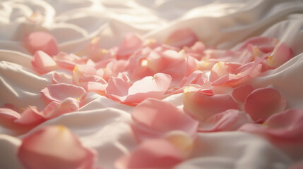 Pink rose petals on soft white fabric in morning light