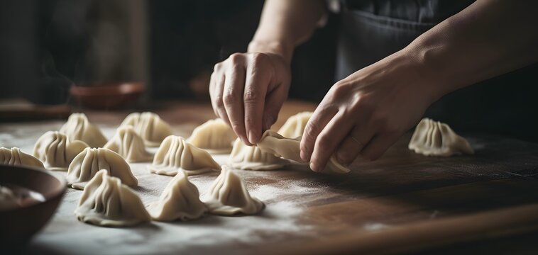 Woman shaping dumplings on a floured wooden surface. Ready to be cooked, these hand-folded delights offer a taste of homemade comfort.