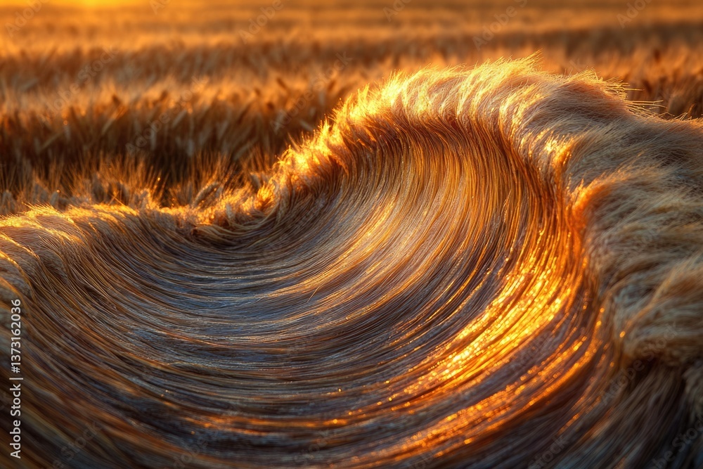 Poster golden wheat field at sunset, creating a wave-like pattern with warm, vibrant light highlighting the