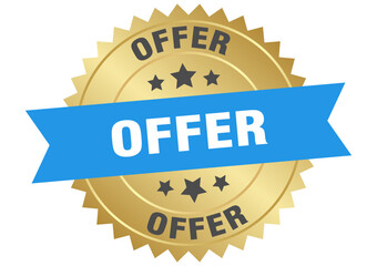 offer. offer round blue and gold label isolated on transparent background