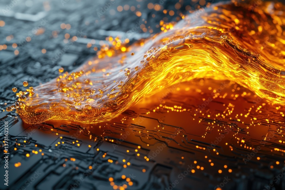 Poster molten gold flows over a circuit board, glowing with heat and showcasing technology with a fiery tou