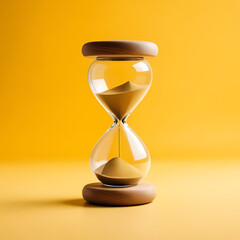 hourglass isolated in yellow background, time concept, Right space for Text caption  
