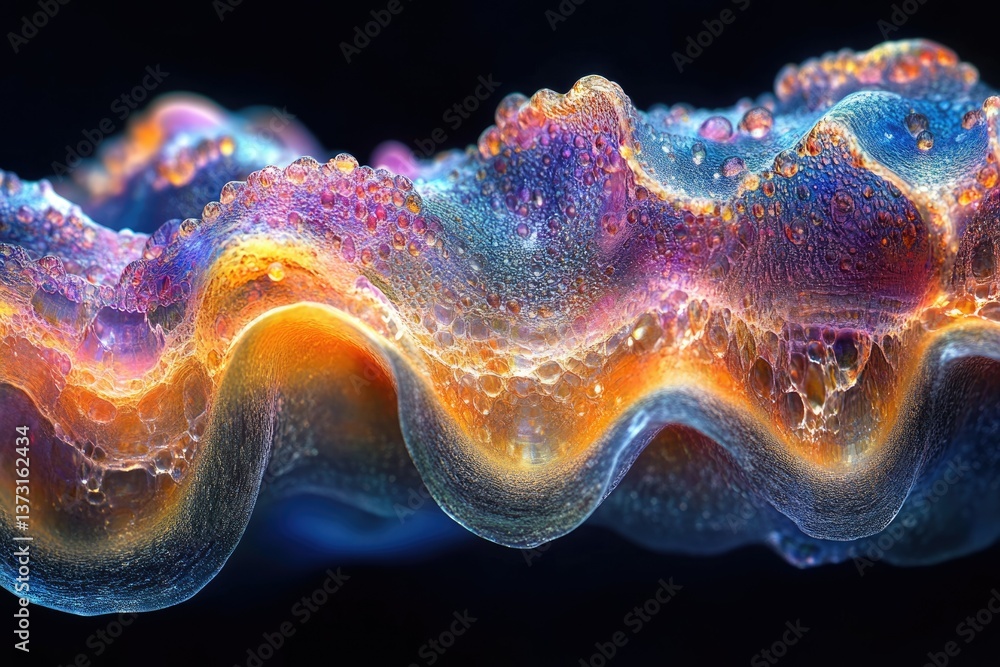 Poster a vibrant, iridescent abstract waves cascade, adorned with bubble-like textures, glows against a sta