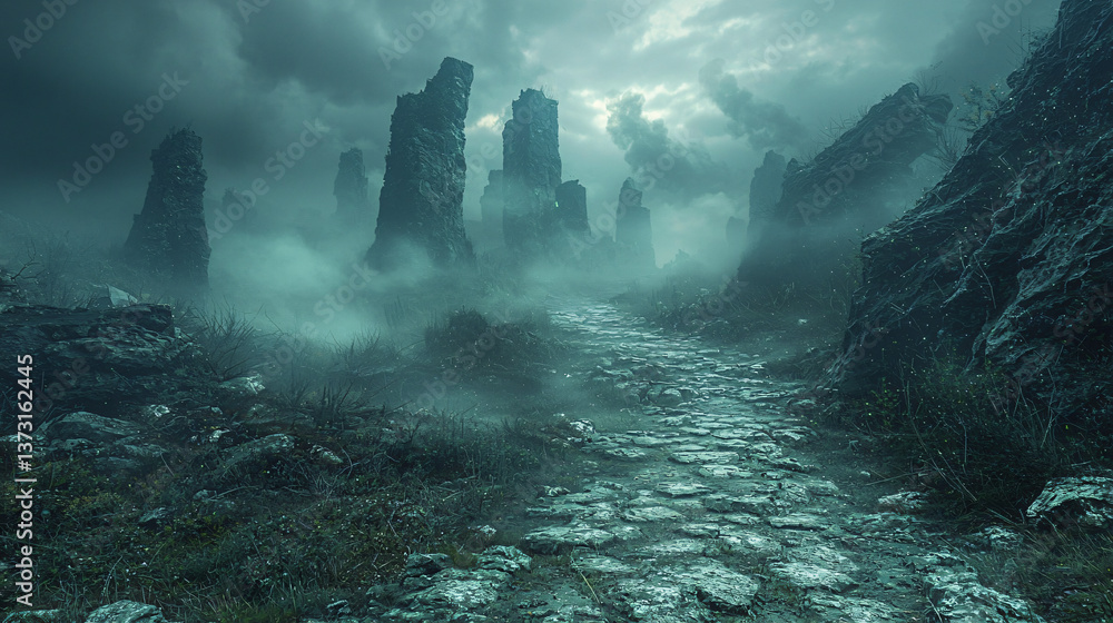Poster mystical path through a misty forest filled with fog creating an enigmatic atmosphere and enveloping