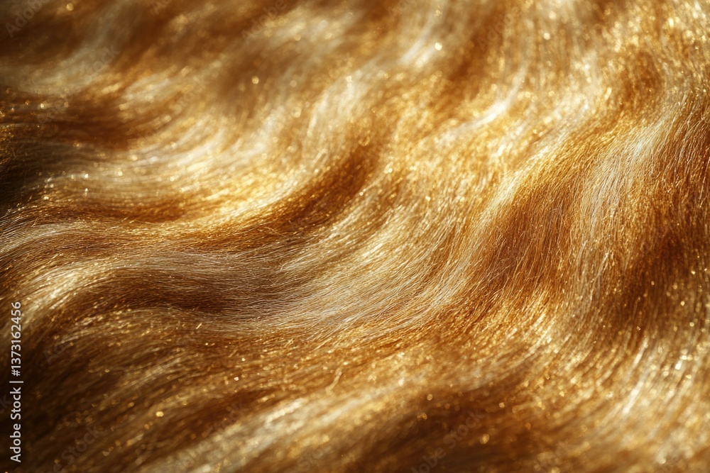 Poster Golden, wavy hair texture with shimmering highlights creating a luxurious and abstract visual effect of fluidity.