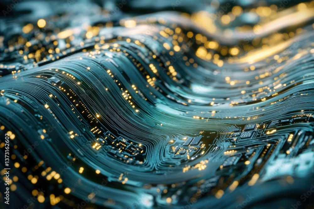 Poster Abstract technological landscape with circuit board patterns, glowing lights, and flowing lines, conveying digital connection and high-tech innovation.